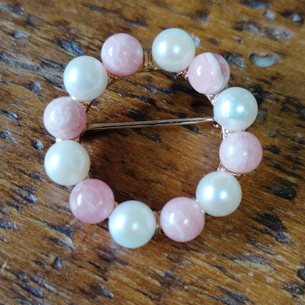 Vintage Anson KaratClad Pink Bead Pearl 1” Circle Pin Jewelry Brooch
